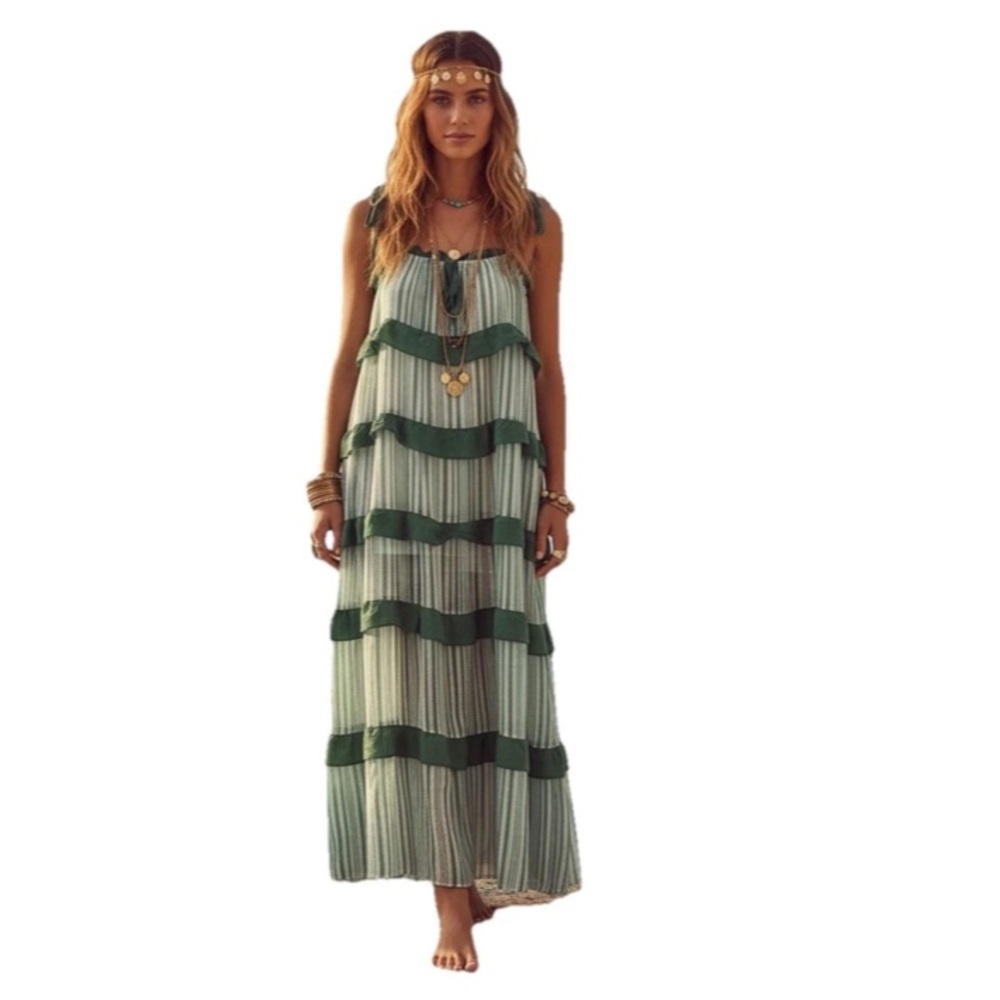 Bohemian Green Striped Maxi Dress